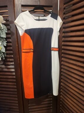 Liz Claiborne Black, White & Orange Colorblock Midi Dress